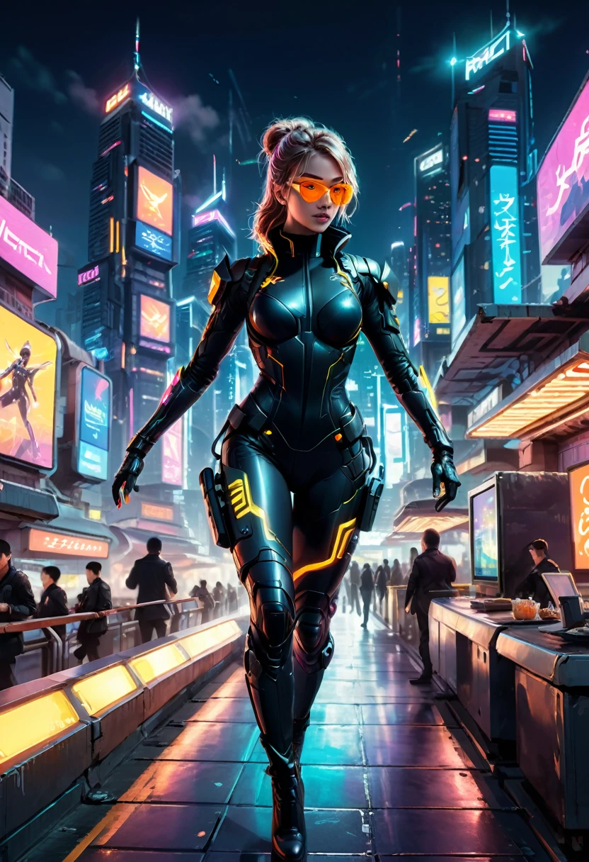 Motion Blur, Cyberpunk style, on the rooftop of a futuristic city, a spy wearing a tight black combat suit leaps in the neon night scene, with busy air traffic and flashing billboards forming the background. The full body camera showcases a sense of speed and technology, (masterpiece, best quality, Professional, perfect composition, very aesthetic, absurdres, ultra-detailed, intricate details:1.3)