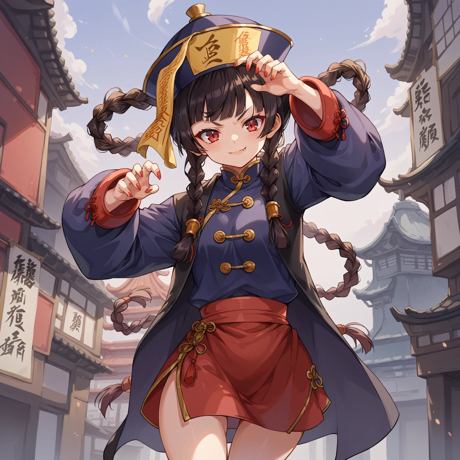 score_9, score_8_up, score_7_up, source_anime,masterpiece, best quality, high resolution, extremely detailed CG, absurdres, highres, 1girl, solo, jiangshi, twin braids, blunt bangs, red eyes, qingdai guanmao with a ofuda, Chinese clothes, claw, ((kung fu pose)), small fangs, cute, kawaii, better_hands, sunglass on head, China building in background
