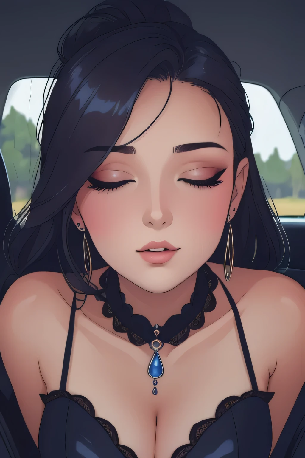 Amazing portrait of a sexy woman with seductive eyes and a beautiful face showing off her cleavage by bending forward through a car window during night time and it's raining and she has long eyelashes and beautiful detailed lips wearing some elegant earrings as she's seductively gazing and capturing the viewer's attention as her posture exudes confidence and allure with raindrops on the car window adding a touch of mystery and sensuality while the lighting creates a moody atmosphere showcasing the woman's beauty and enhancing the overall seductive vibe