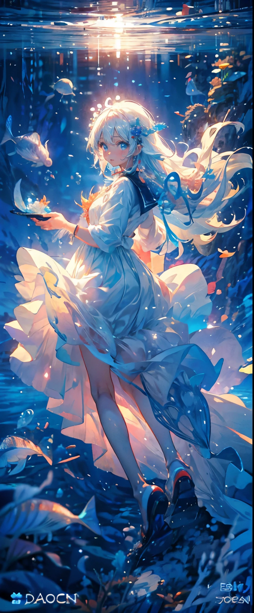(Mastepiece), (Best Quality), Very detailed、1 girl、Perfect Face、(Full body photography:1.3), Very detailedな顔、(Long white hair:1.5)、(blue eyes:1.4)、(In the water:1.4)、(White Dress:1.5)、smile、Ocean、Coral Reef、There are lots of colorful fish、School of small fish、Light、Bubble、jellyfish、Ocean藻、(深Ocean:1.4)、Fantasy、Ocean底、Floating