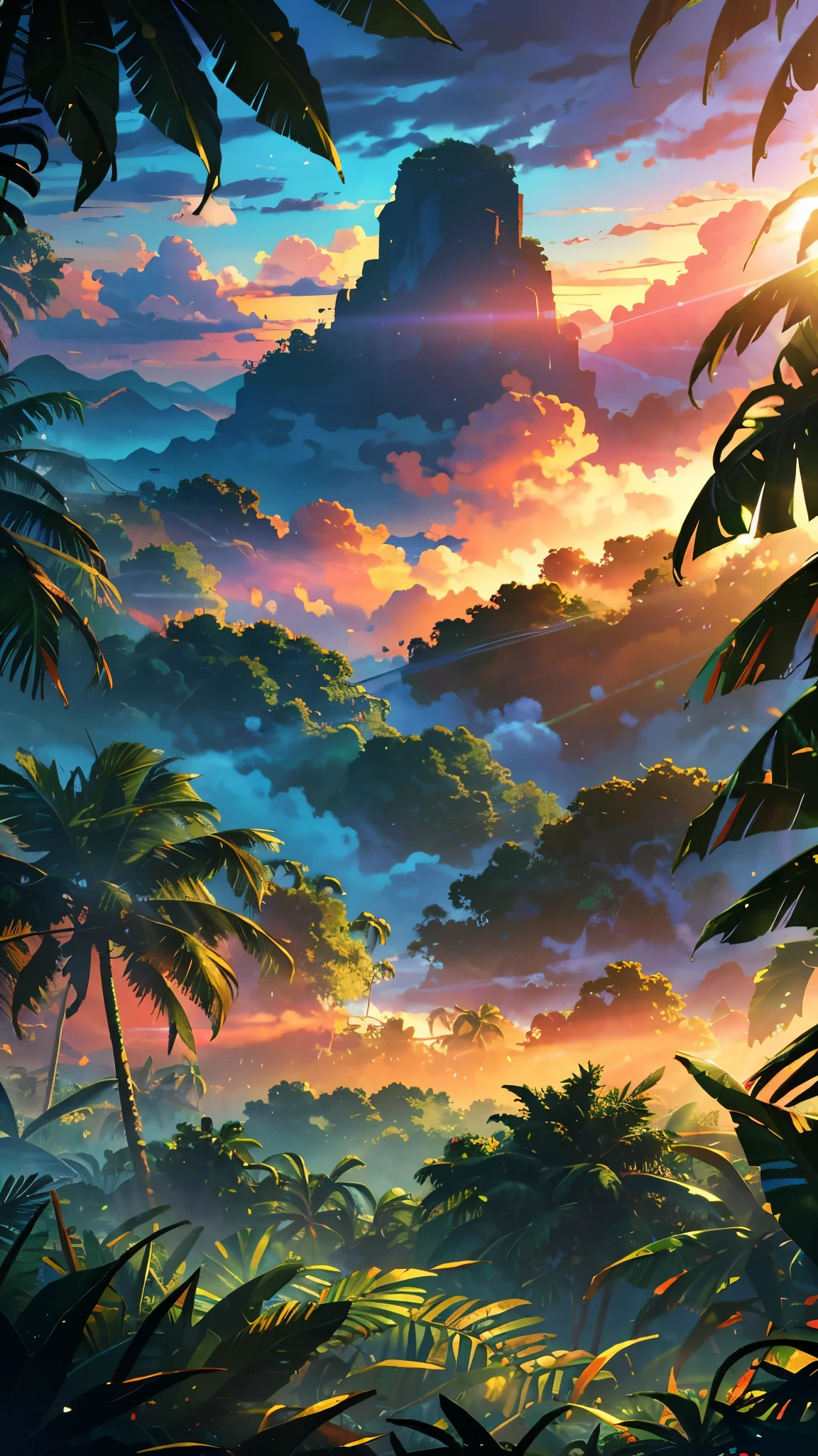 colorful jungle, big sky, detailed clouds, lush foliage, tropical plants, vibrant colors, sunbeams, dynamic lighting, photorealistic, highly detailed, 8k, best quality, masterpiece, cinematic composition, dramatic lighting, volumetric fog, realistic textures, hyper-realistic, vivid colors, epic scale, stunning vista