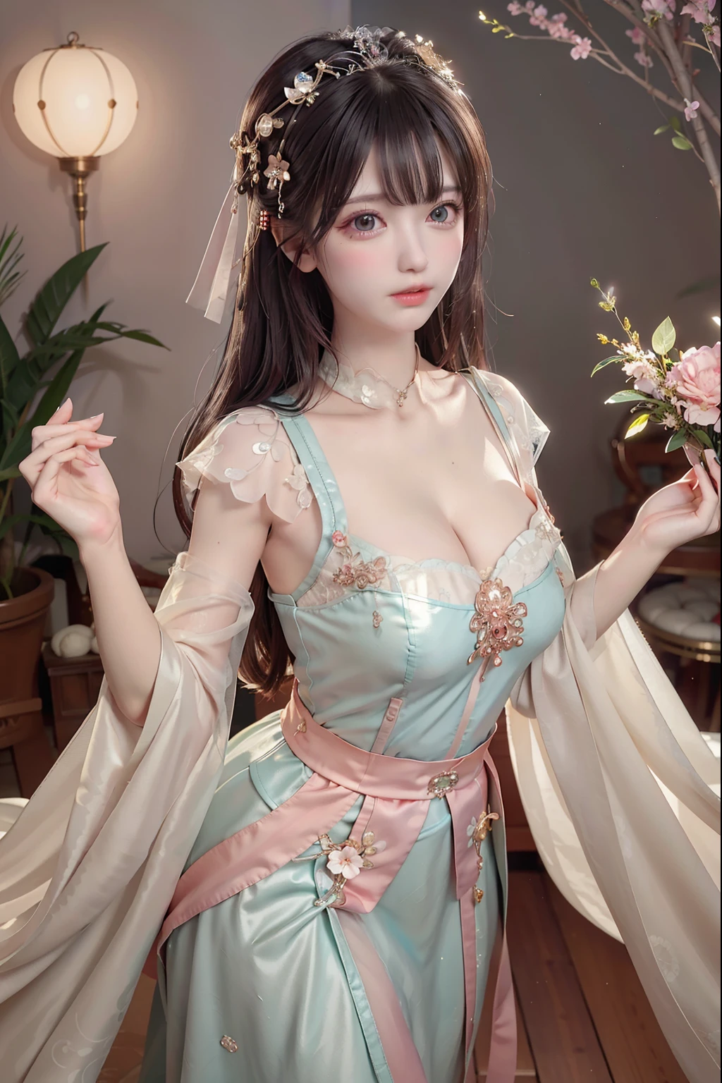 ((Masterpiece))), ((Best quality))), ((Ultra detail)), (an ultra realistic), (High Definition CG Illustration), cinematic light, Photorealistic,Very Beautiful , Light makeup, Intricate Details EABA, White Intricate Lace Cloak, Dynamic pose, Spear, a Princess 8 years old cute Hanfuopen V-chested clothes royal, All Photos, Wet body in thin silk fabric, Thin silk lace petticoat,Princess 8 years old cute, (Huge ,Cleavacoat, white pink, green ,highest quality,masterpiece,Ultra-high resolution,(realism:1.4),RAW Photos,(Real skin texture:1.3),(Film Grain:1.3),(Selfie angle),1 Giant breasts,Beautiful eyes and facial detailasterpiece,The best quality at its best,Exposing thighs and breastore exposed breasts, Detailed Hair,Looking down and towards the camera,Short Dress Princess Eyes,Super big eyes,Detailed face,Sparkling Eyes, Pink Dress (Garden,Palace of the Moon,)