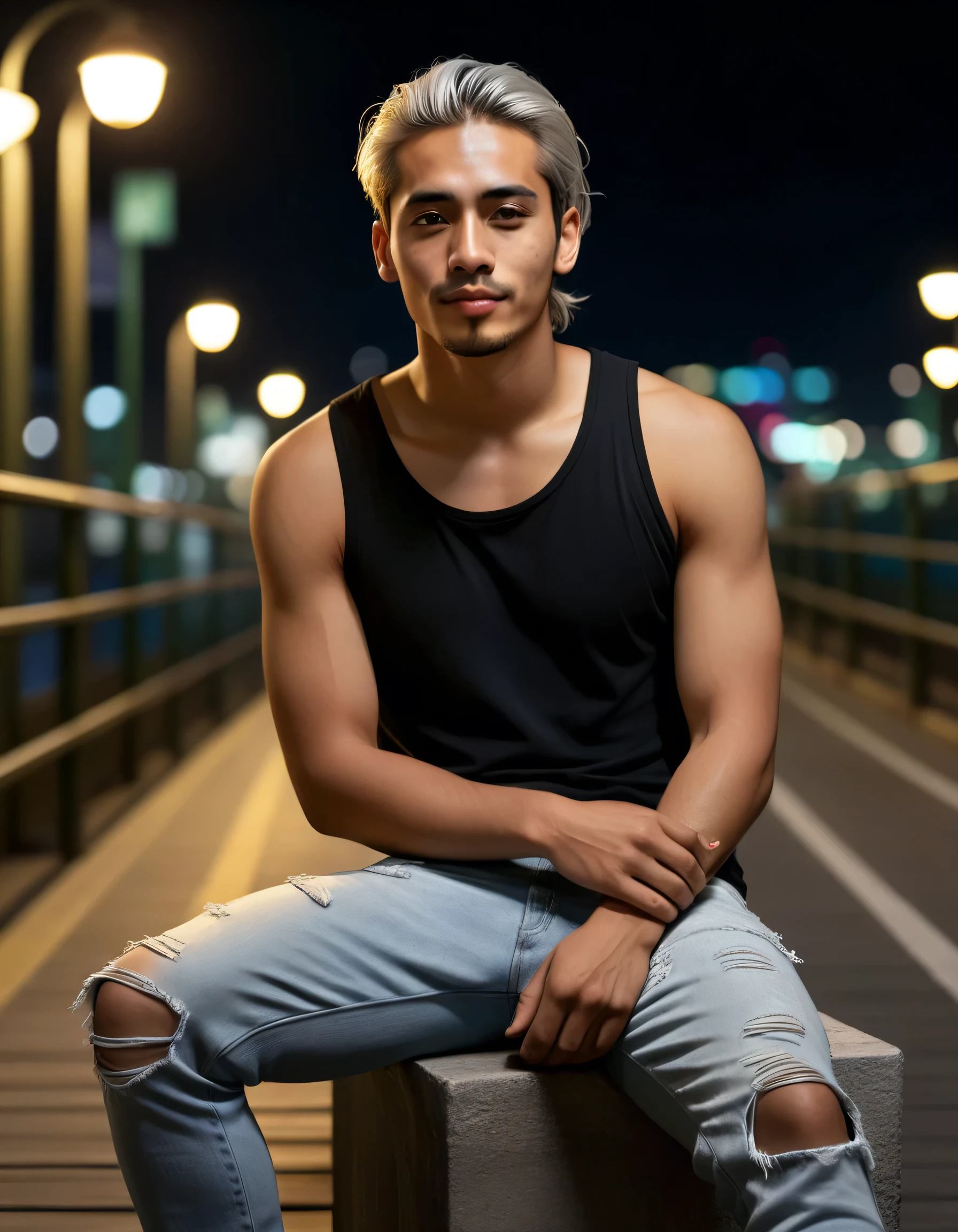 a young handsome man with ideals body, olive skin, silver hair in a ponytail, wearing a black tank top, ripped levis trousers, sitting on a pedestrian bridge alone at night while smoking, interact with the environment, facing the camera, dynamic pose, super bokeh, 32K ultra hd, ultra realism, hyperrealistic photography, intricate details, best quality, masterpiece