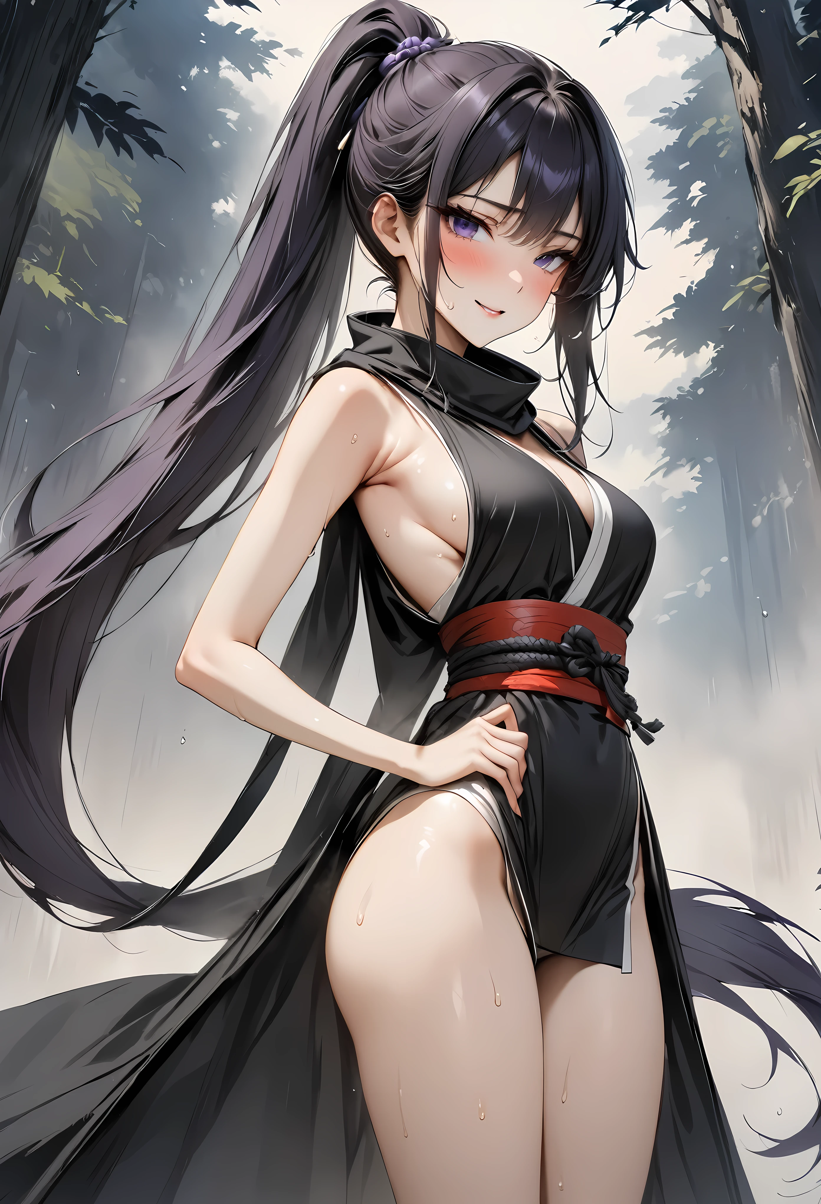 ((masterpiece, highest quality:1.3)),cowboy shot,18 year old beauty,solo,((very small head)),dark purple hair,ponytail hairstyle,ponytail hair,.long hair,bangs,purple eyes,blush,smile,.medium breasts,((very long body,slender body)),skinny,gleaming skin,oily skin,sweat,(Ninja costume、Black kimono,mini skirt)、No sleeve、barefoot、Dark Forest、
