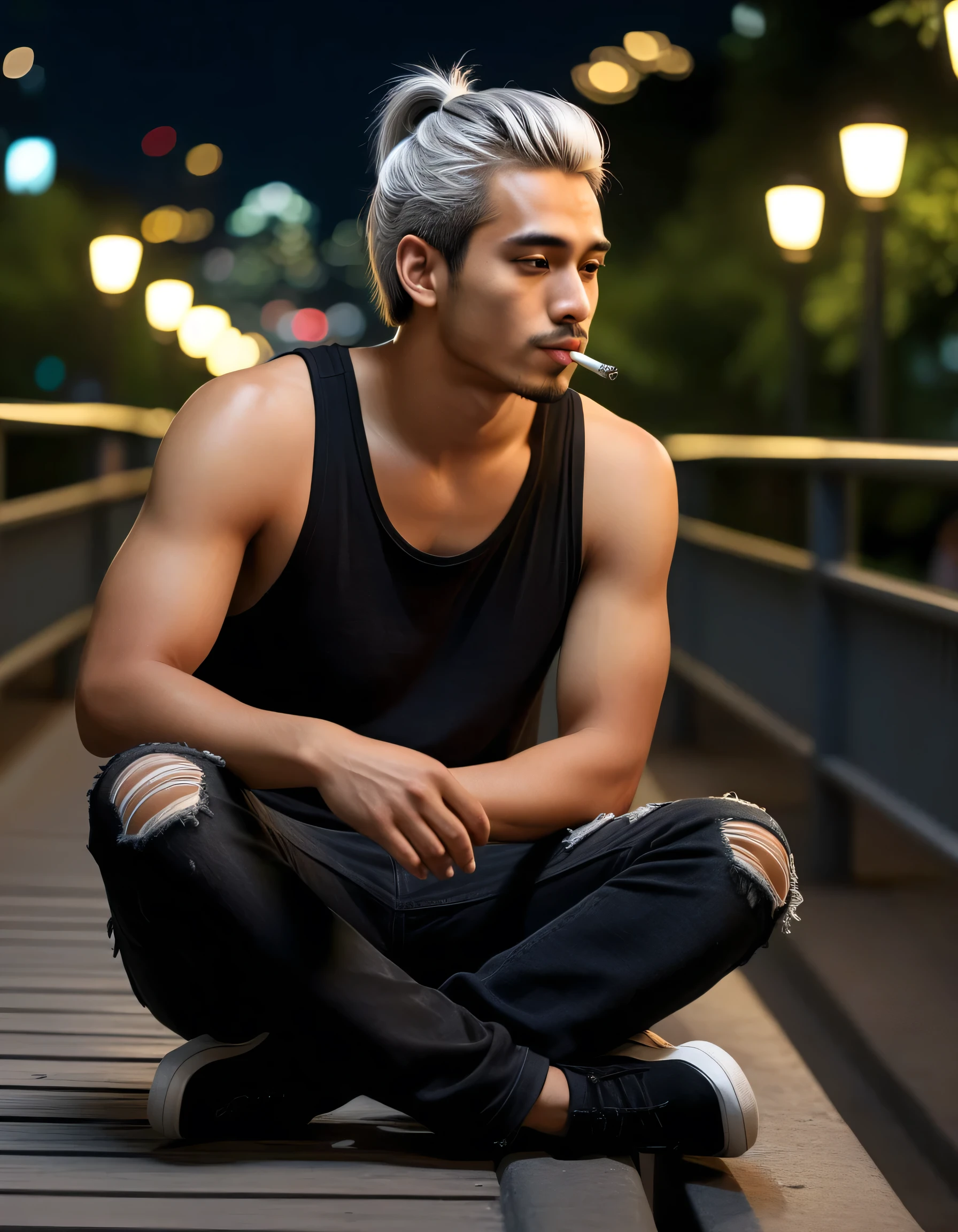 a young handsome man with ideals body, olive skin, silver hair in a ponytail, wearing a black tank top, ripped levis trousers, sitting on a pedestrian bridge alone at night while smoking, interact with the environment, facing the camera, dynamic pose, super bokeh, 32K ultra hd, ultra realism, hyperrealistic photography, intricate details, best quality, masterpiece