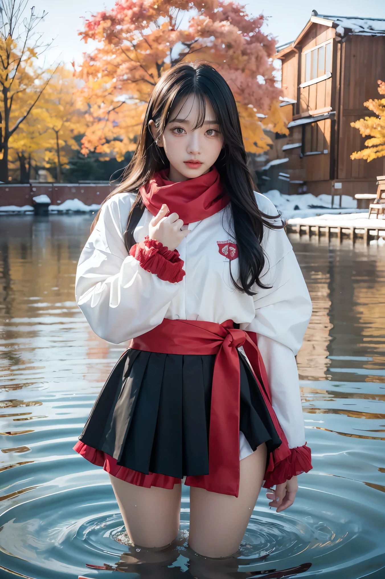  48ก（Masterpiece，KHD，Hyper HD，48ก）black hairยาวสลวย，pond，Siding,teenage girl 18（Pleasing the girls）， （red scarf in the snow）， stand up， looking at camera， long white hair， floating hair， Chinese long sleeve silver battle robe， （Abstract water splash：1.2）， pink petals background，flying tulips（realistically：1.4），black hair，Autumn leaves sway，The background is pure.， High resolution， details， RAW photos， Sharp Re， Nikon D850 film stock photo by Jefferies Lee 4 Kodak Portra 400 F1 camera.6 shots, Various colors, Ultra realistically bright surface, incredible light, Unreal Engine Art Station Trends, Sinestir 800，black hairยาวสลวย，clear battle coat clothing