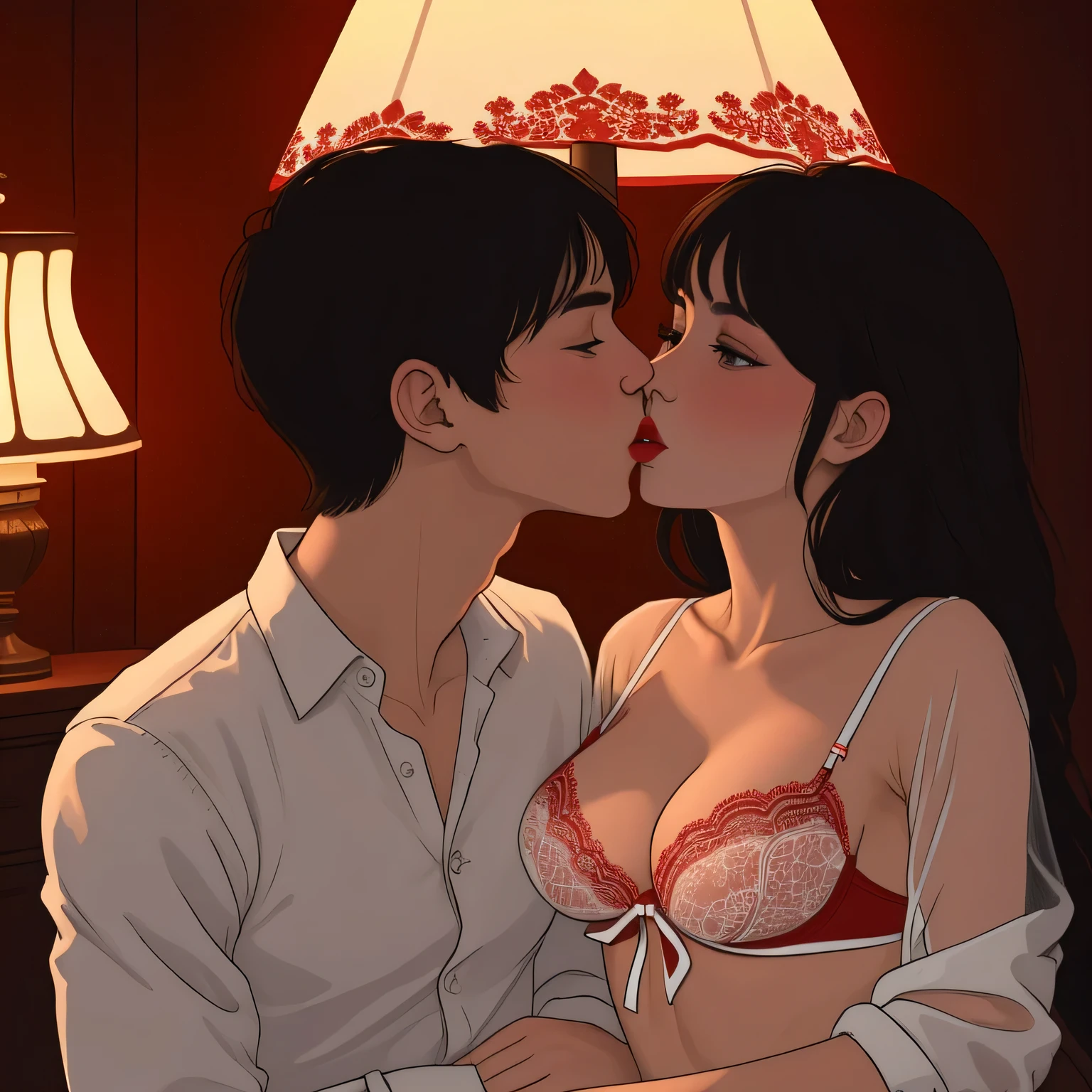 Amazing portrait of a sexy woman kissing and making out with a shirtless boy with her glossy red lips while wearing a sheer white shirt that reveals the red lacy lingerie that she's wearing underneath the shirt in a dimly lit room with one lamp giving off warm lighting