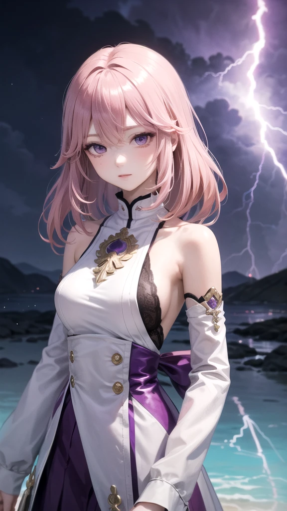 (High Detail:1.2) Anime Girl, Pink Hair, (Cinematic Lighting, Delicate Colors), (Purple Lightning:1.2), Lighting Calm, Wind, Fog. Turquoise, delta tones.