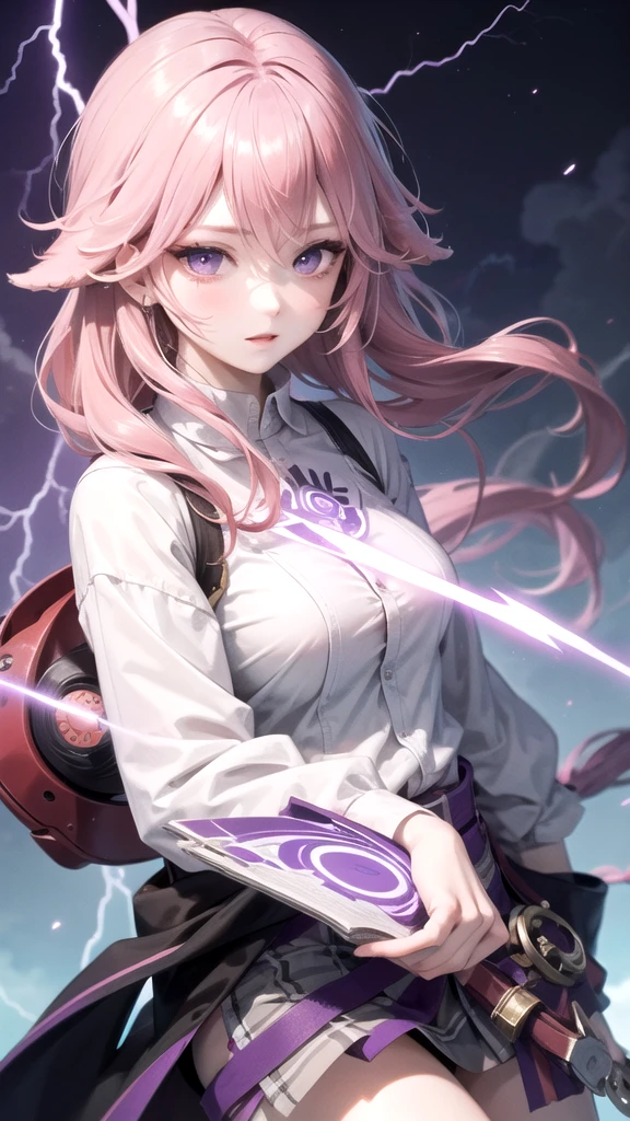 (High Detail:1.2) Anime Girl, Pink Hair, (Cinematic Lighting, Delicate Colors), (Purple Lightning:1.2), Lighting Calm, Wind, Fog. Turquoise, delta tones.