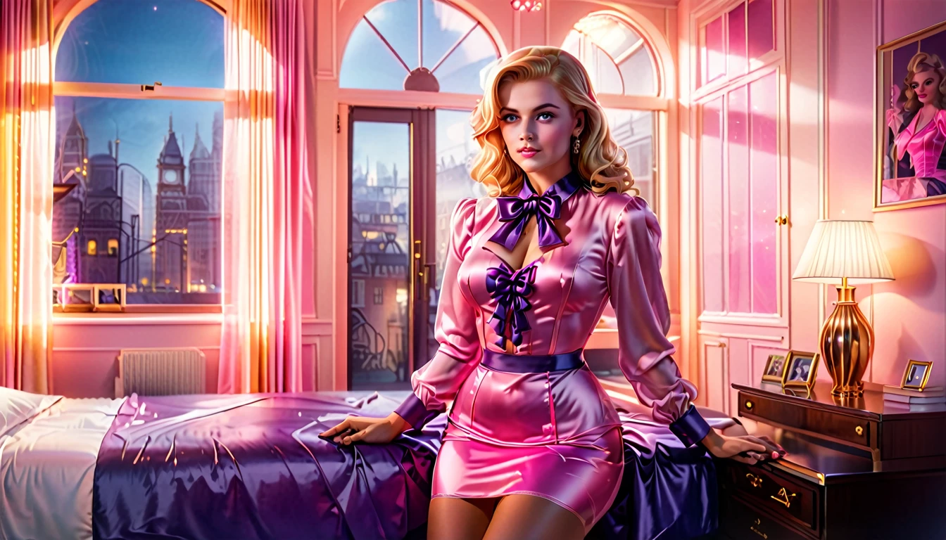 By slim aarons, isometric view of a incredibly cute young viktorian woman wearing a pink satin skirt with silky satin bow collar blouse, glossy fabrics, glowneon, Bedroom, window, indian summer, warm lightning, (copper-blonde hair:1.1), Empire, glowneon, (purple corset)
