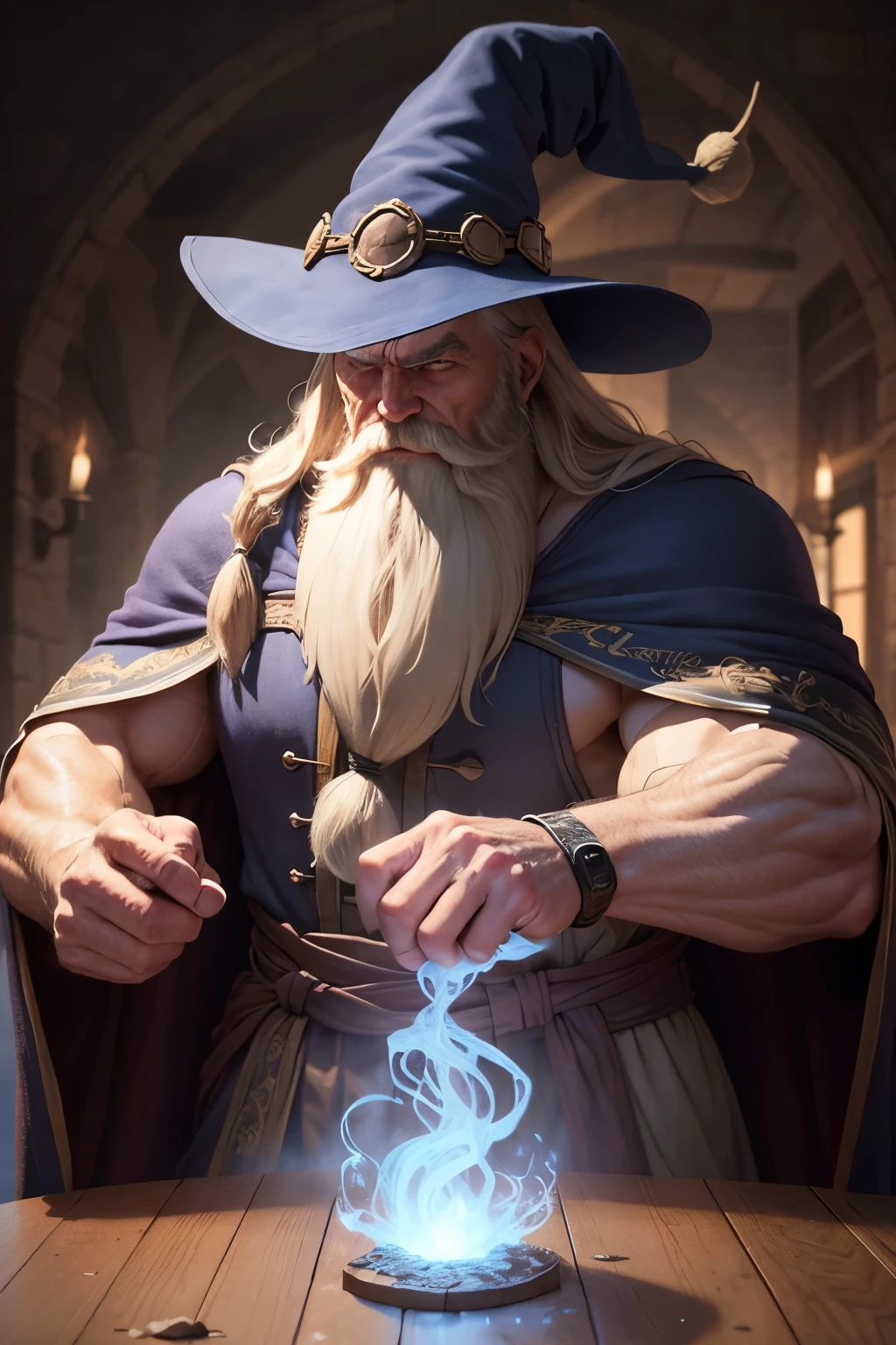 old man with a long beard and big muscles opening his arms using a mage robe and tiny witch hat