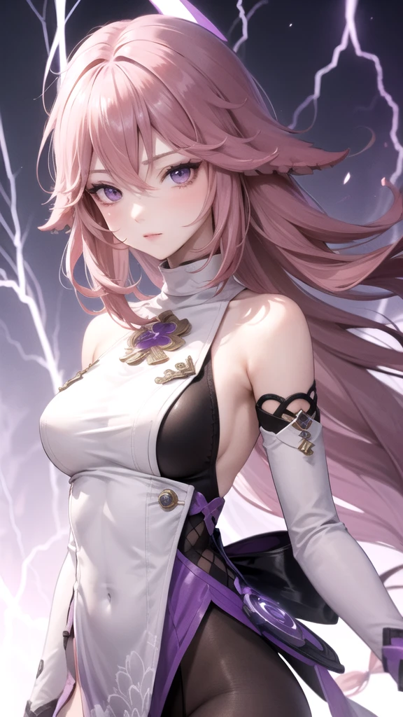 (High Detail:1.2) Anime Girl, Pink Hair, (Cinematic Lighting, Delicate Colors), (Purple Lightning:1.2), Lighting Calm, Wind, Fog. Turquoise, delta tones.