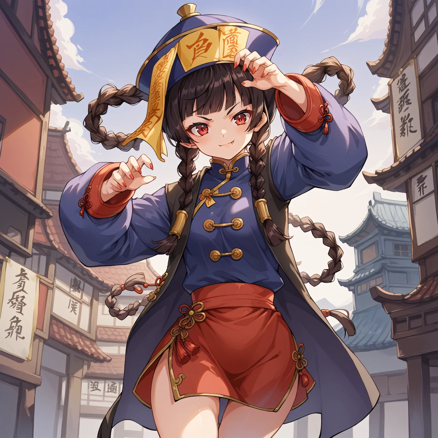 score_9, score_8_up, score_7_up, source_anime,masterpiece, best quality, high resolution, extremely detailed CG, absurdres, highres, 1girl, solo, jiangshi, twin braids, blunt bangs, red eyes, qingdai guanmao with a ofuda, Chinese clothes, claw, ((kung fu pose)), small fangs, cute, kawaii, better_hands, sunglass on head, China building in background