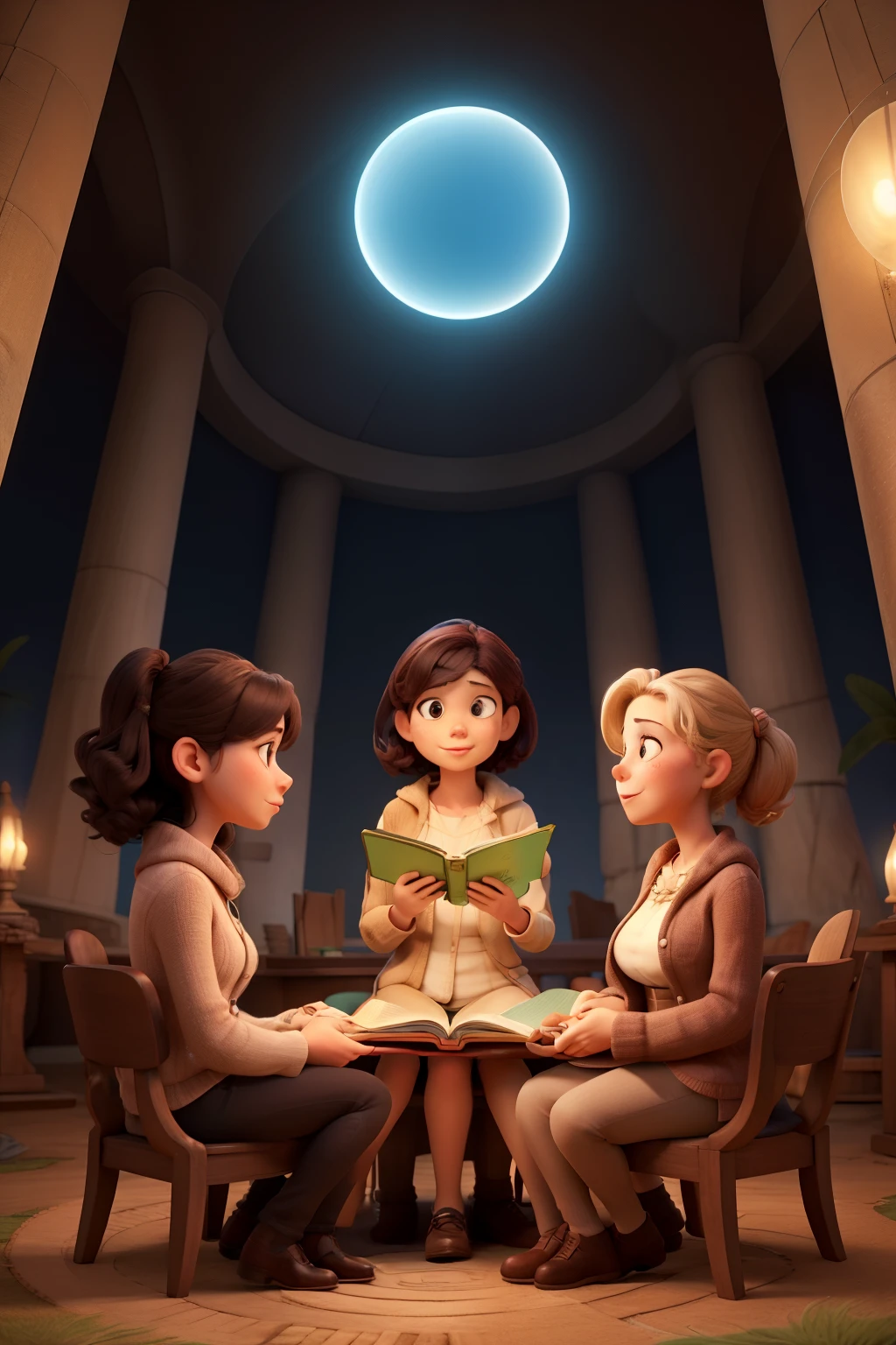reading club, women in a circle reading and talking, background of mystical place