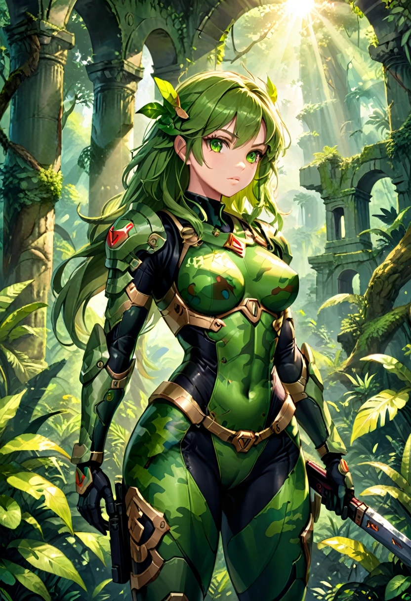 The style is realism, with a female warrior wearing a green camouflage tight combat suit exploring in the forest. The sunlight shines through the treetops on her, holding a weapon. The background is a green jungle and ancient ruins, and the camera shows her whole body, (masterpiece, best quality, Professional, perfect composition, very aesthetic, absurdres, ultra-detailed, intricate details:1.3)