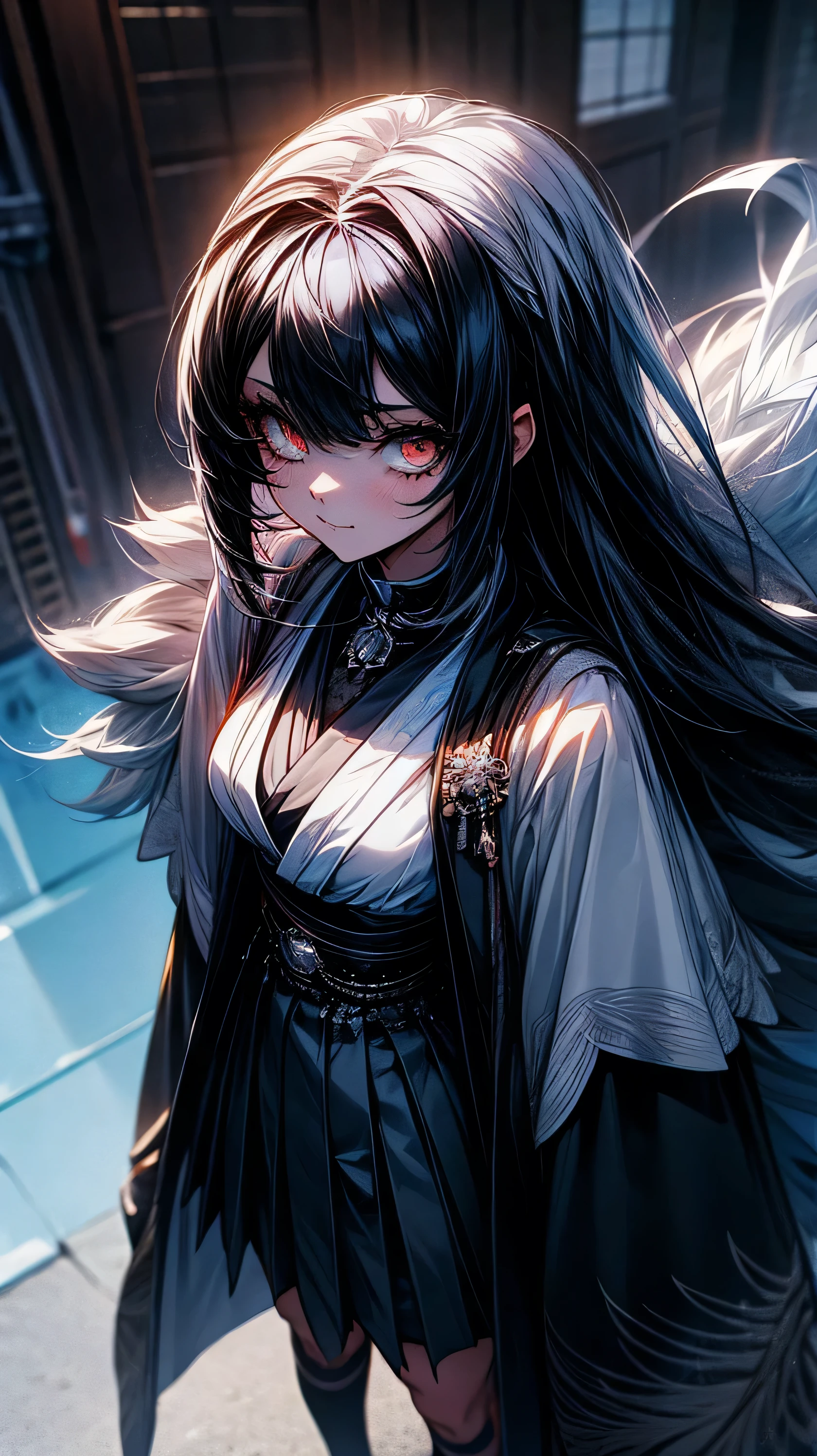 anime girl with long black hair and  white hair , white shirt, black coat and black skirts, 1 7 - year - old anime goth girl, anime moe artstyle, anime character, an anime girl, anime girl wearing a black dress, as an anime character, in an anime style, full body!!, full_body!!, anime style character, (anime girl), in anime style