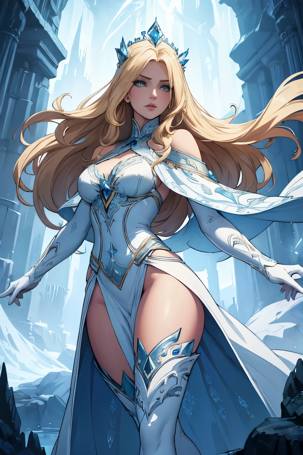 a beautiful ice queen with long blonde hair, wearing white high boots, elegant and graceful, detailed facial features, high quality digital art, cinematic lighting, dramatic cold color palette, enchanting and mysterious atmosphere, fantasy style, detailed and realistic, 8k, highly detailed, masterpiece