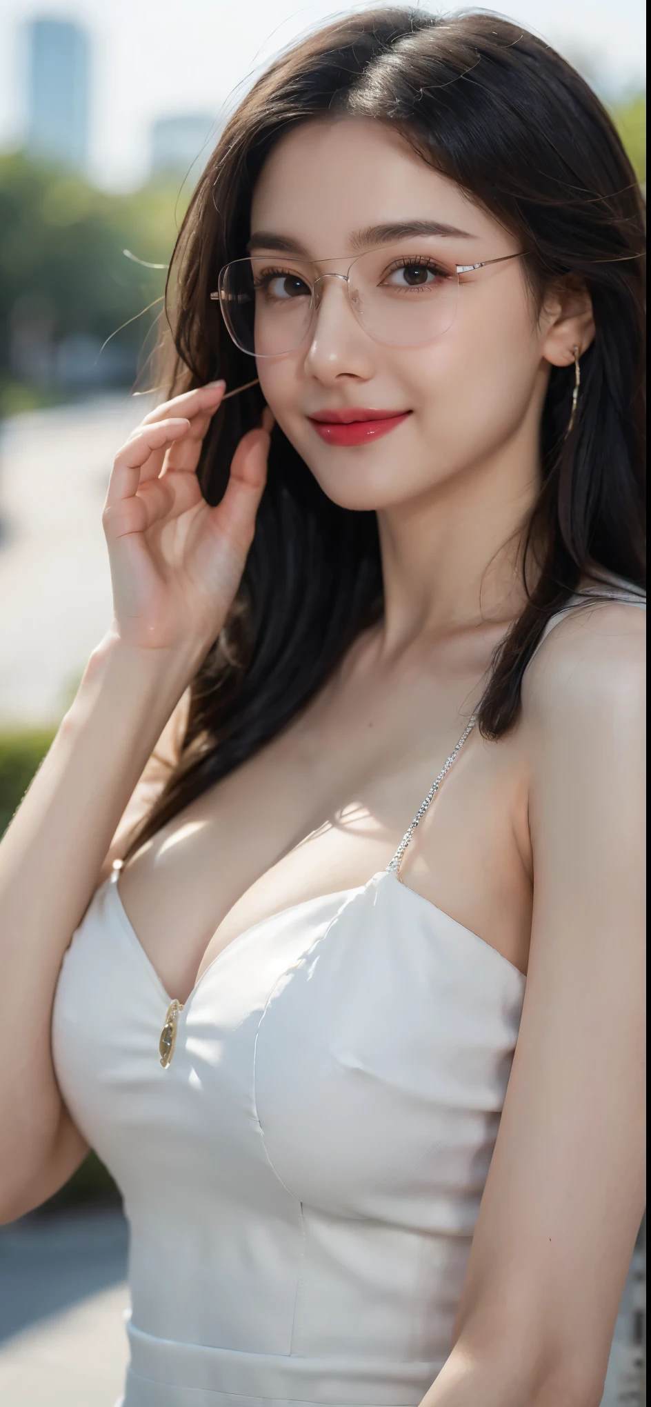(Canon RF85mm f/1.2), (8K, RAW photos, best quality), (masterpiece), (actual, photograph actual), (Very detailed, High Detail, Best image quality, Super detailed, high resolution, Very detailed, Very detailed的描述, Ultra-fine, Extremely exquisite and beautiful work), Beautiful and delicate girl, Solo Girl, ((Perfect body)), Very detailed eyes and face, White skin, Noble beauty, ((The skin texture is delicate, Pores)), Perfect anatomical structure, Beautiful body, Delicate face, Slim abs, Slim waist), Big Ass, (Large Breasts, Breast enlargement), (Cleavage), (affectionate gaze, soulful eyes, Glowing eyes), (beautiful and clear eyes), (Bounce Curly Messy Long Hair), (Smile:1.2), (fascinated expression), (Attractive appearance), ((Low-cut,Wedding dress,No Sling,Show your shoulders,E cup)), ((Tight)), ((bud)), ((wear glasses)), earrings, necklace, ((night)), ((Street View, moonlight)), Physically Based Rendering, Realistic lighting, (((Upper Body))), ((looking at the audience)), ((Everlasting)), ((Happy and shy))