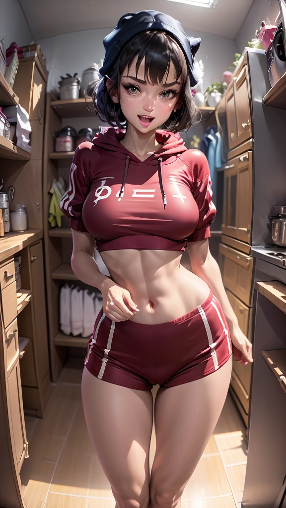 (best quality, 8k, 32k, masterpiece, UHD:1.2), highres, sharp focus, detailed outfit, beautiful detailed hair, delicate details, 
1girl, black hair, medium hair, bangs, red eyes, large breasts, , changing clothes, only bra, sports towel,
cute, shy, light smile, opened mouth, 
indoors, dressing room, shiny body, dynamic pose, dynamic angle, 
nice hands, perfect hands, 