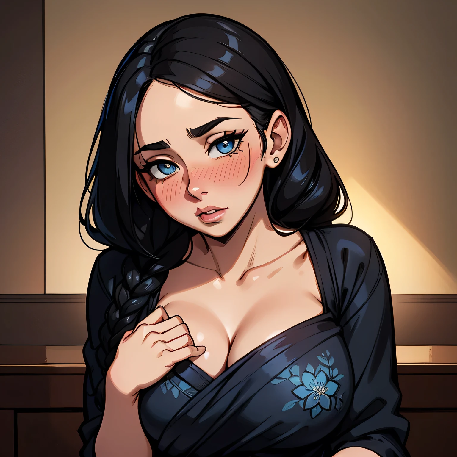 Amazing portrait of a sexy woman with her black hair tied in a braid and a beautiful fair toned face with amazing eyes and her perfect lips parted with blush on her cheeks with a flustered yet lustful expression on her face wearing a black blouse paired with a sheer floral blue saree in a bedroom at night time