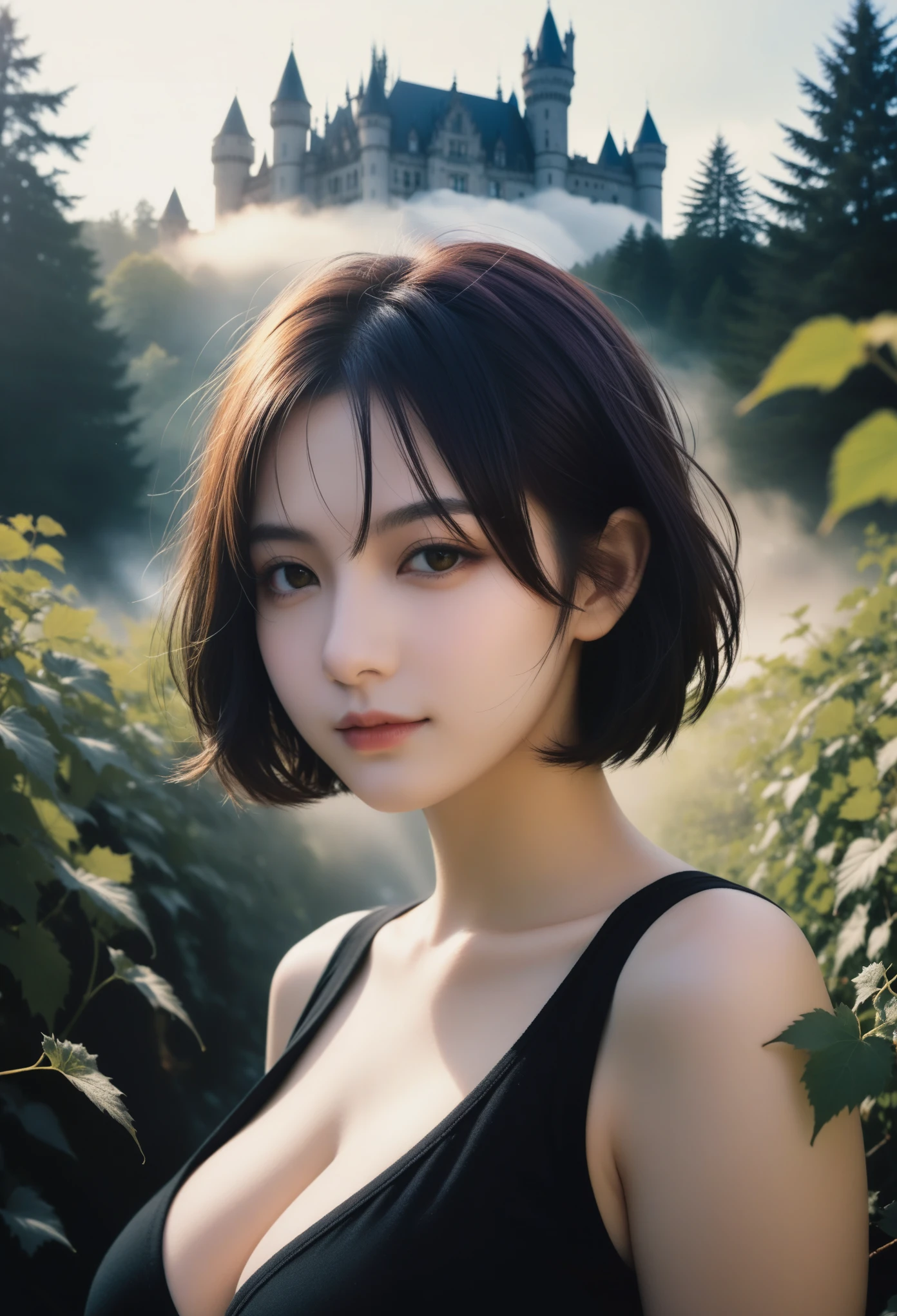 xxmix_girl,portrait of a woman,fluffy short hair,polaroid,film,graininess,smile,cold,(((huge breasts))),castle,forest,fog,sunshine,vine,tindal effect,sunny,(best quality),((masterpiece)),(highres),(extremely detailed 32K wallpaper),(panorama:1.5),
(((dramatic))),((((gritty))), (((visual impact))), dynamic and visually striking appearance,upper_body,hyper_galaxy,universe,