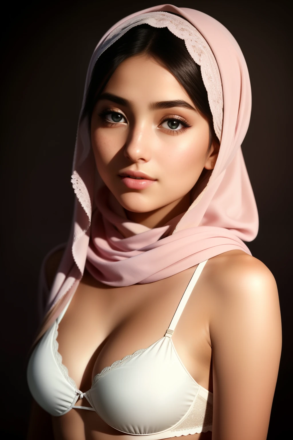 A stunning young hijab girl, adorned with a small bra, boasts a beautifully detailed face, accentuated by expressive eyes sparkling like the night sky, lush lips curved in a suggestive pose, long flowing hair cascading down in soft waves under the natural light. Her slender figure, clothed in a loose and flowing garment, is illuminated by cinematic lighting, creating a dreamlike atmosphere. The image, captured in 8k and enhanced with ultra-detailed photorealistic textures, showcases every delicate detail of her skin, from the smallest freckle to the rosy blush on her cheeks. The soft colors envelop the scene, evoking