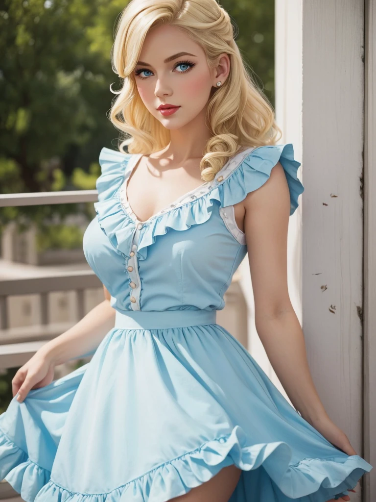 pin up style woman. with blonde hair, light blue eyes, white dress with ruffles
