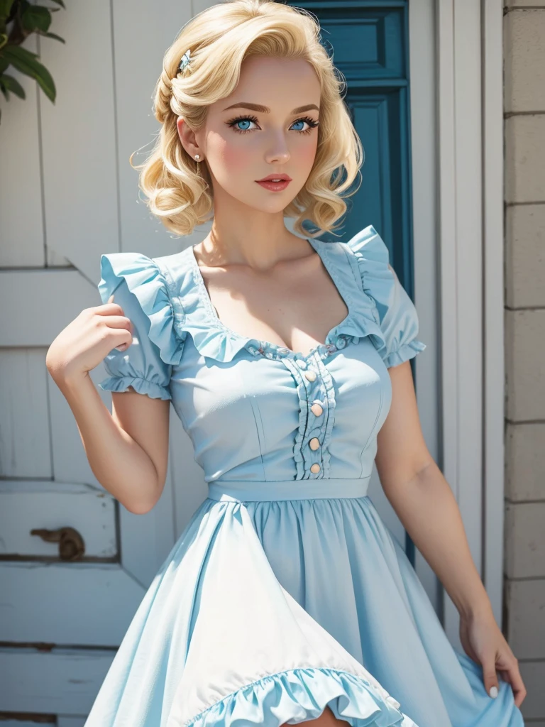 pin up style woman. with blonde hair, light blue eyes, white dress with ruffles