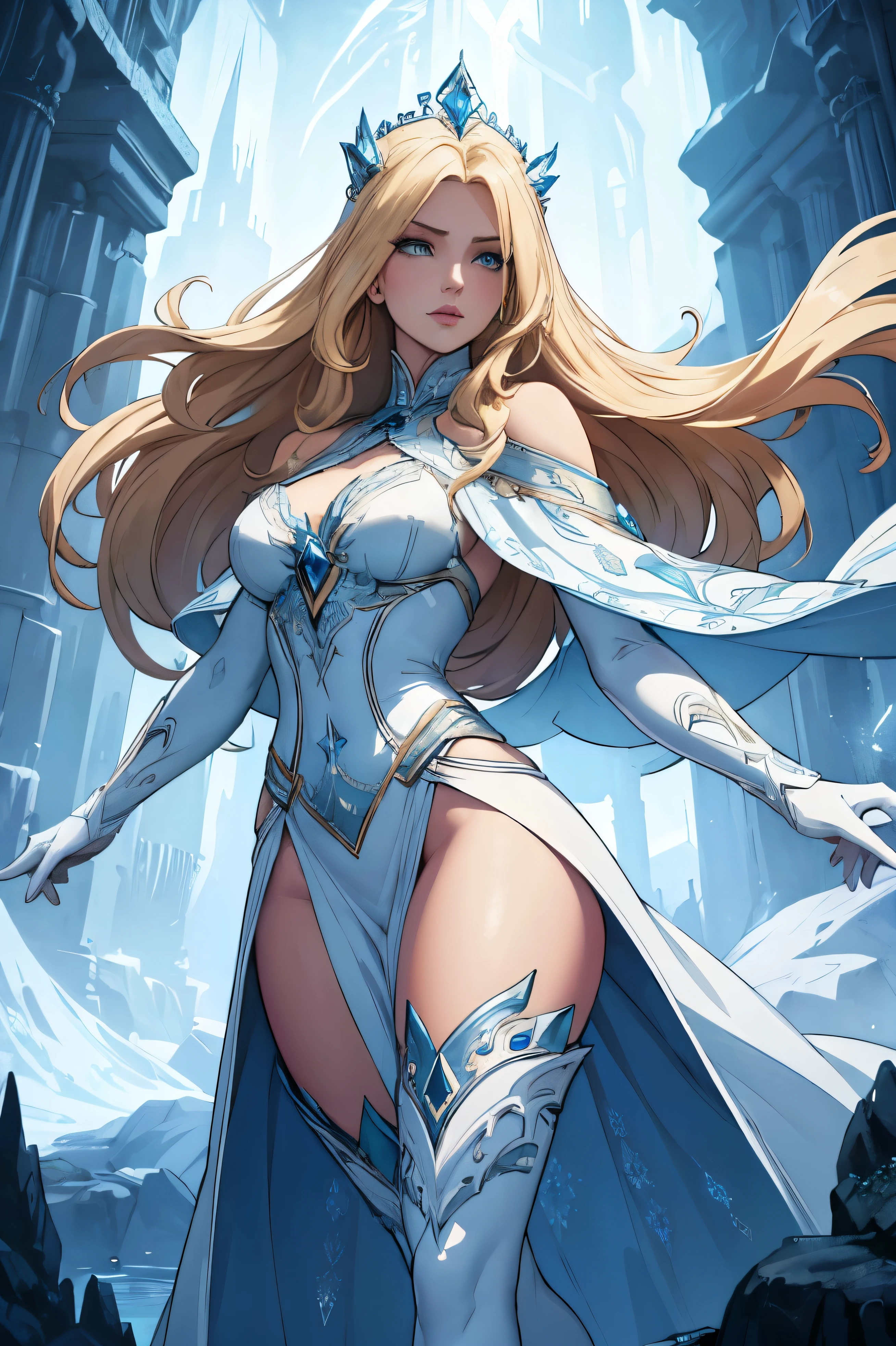 a beautiful ice queen with long blonde hair, wearing white high boots, elegant and graceful, detailed facial features, high quality digital art, cinematic lighting, dramatic cold color palette, enchanting and mysterious atmosphere, fantasy style, detailed and realistic, 8k, highly detailed, masterpiece