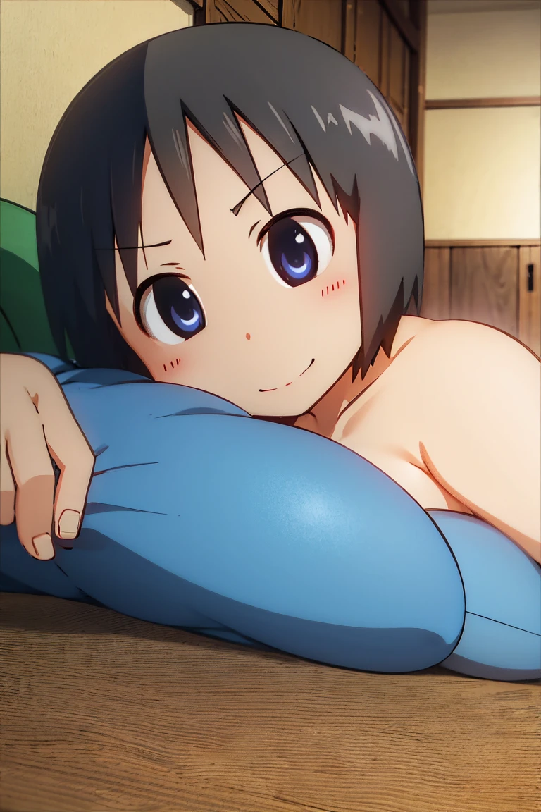 score_8_up, score_7_up, score_6_up, source anime, anime screencap, miwa, tatami mat, indoors, living room, looking at viewer, smile, open mouth, lying on stomach, holding nintendo switch, tank top small breasts, butt, ass, ass focus, naked, bottomless, bare ass, tanned skin, tan lines, nipples, fan (electric), fan, sweat,