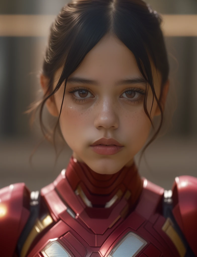 extremely high quality RAW photograph of woman, atriz Jenna ortega (Jortega), wearing ironman costume,  (portrait), (skin details, high detailed skin texture), ((photorealistic), film grain), 8k high definition, insanely (detailed face), detailed eyes, (photo), (photograph),highly detailed, sharp focus, 4k, focus on eyes,bokeh, staring at camera. 