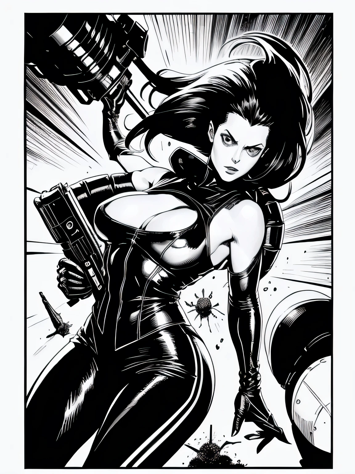 monster alien on the planet Sigourney Weaver she using a huge gun to kill alien, Bela arte de linha, black and white comic style, manga style, sexy manga art style, pencil and ink caricature drawing, black and white coloring,arte vector preto e branco