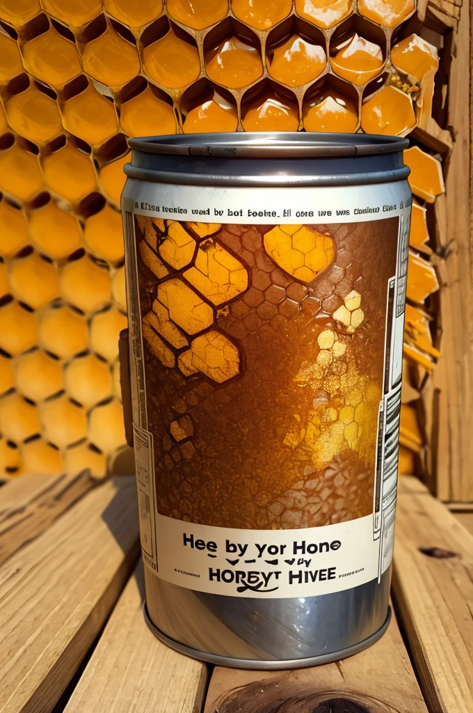 a can of honey with bees and hive 