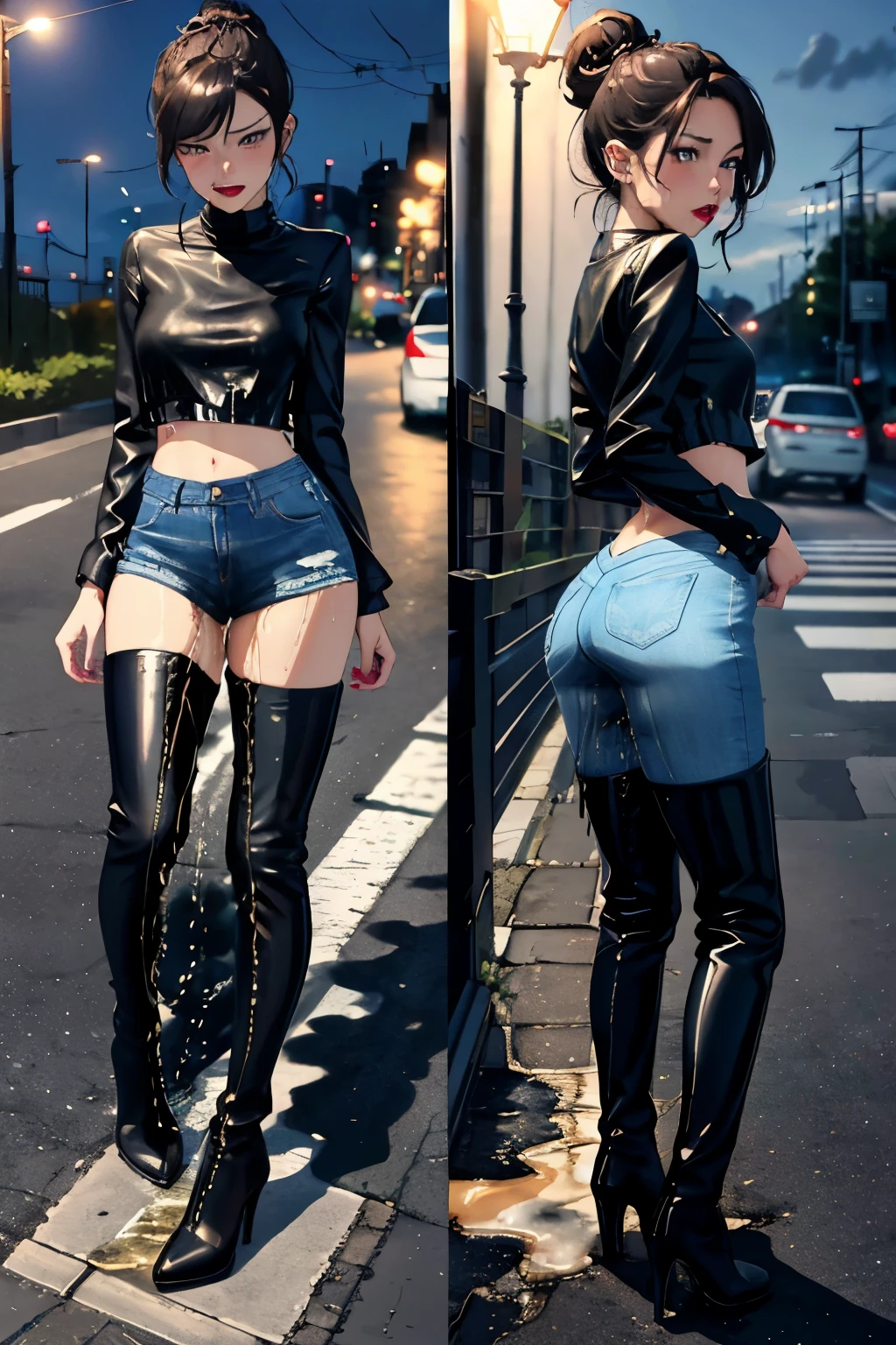 best quality, high quality, highres, beautiful women, high detail, good lighting, lewd, hentai, (no nudity), (((((jean shorts pulled down))))), (((((peeing through thong panties))))), ((tight leather top)), (((leather thigh high boots))), bare midriff, (wet shorts), (((wetting herself))), (((peeing herself))), (((peeing self))), (pee streaming down legs), peeing stain, (puddle), (thick thighs), nice long legs, lipstick, detailed face, pretty face, pretty hands, embarrassed blushing face, humiliated, ((legs spread)), (squatting), ((in wide alley)), hihelz, (view of butt)