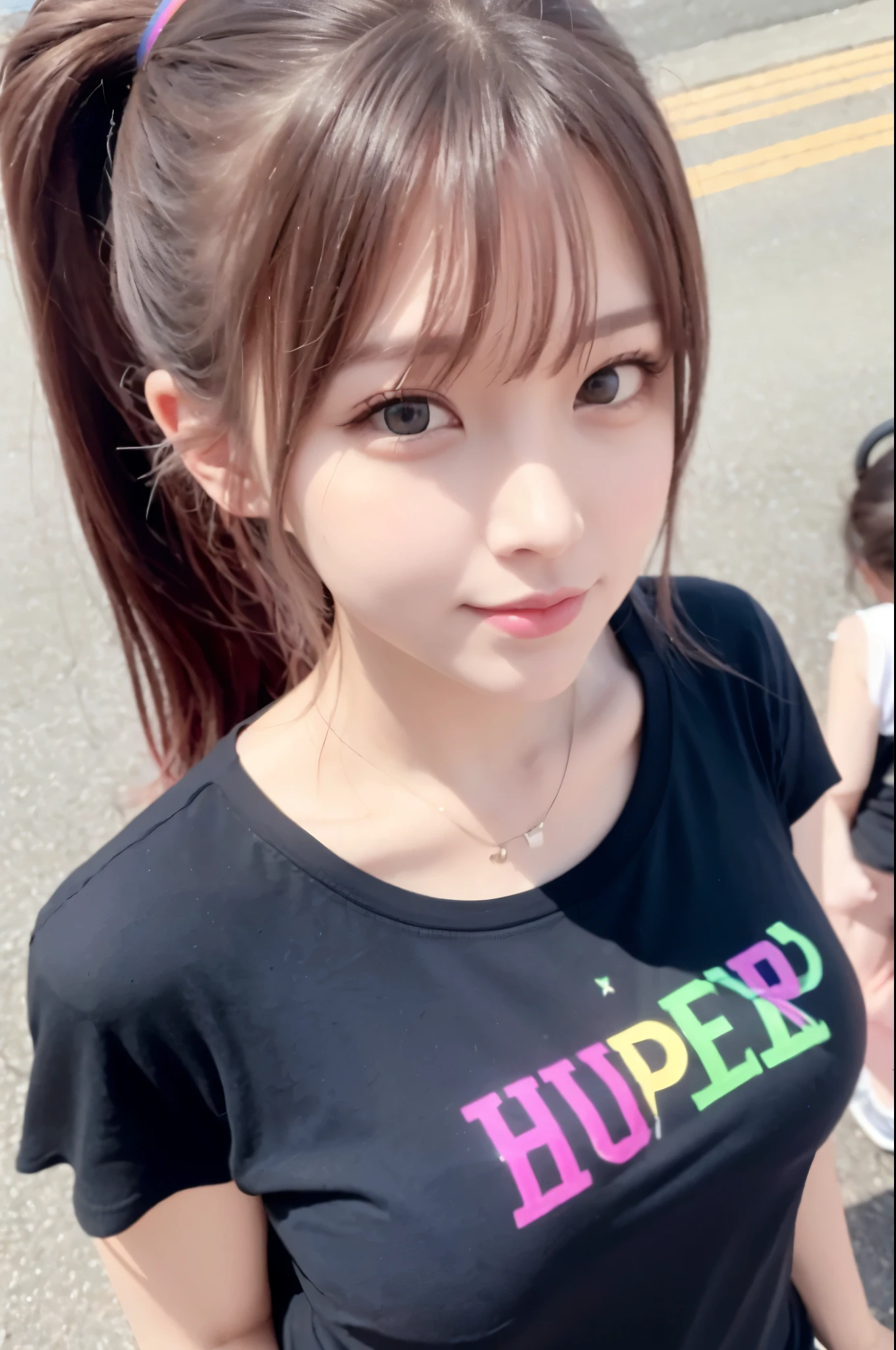 highest quality, super detailed, High resolution, solo girl, beautiful face and evil eyes, little smile, high-ponytail in wind, ((sweat)), hold flat breasts from back, arms on breasts, rainbow color large size t-shirt, from front, (((from above))),