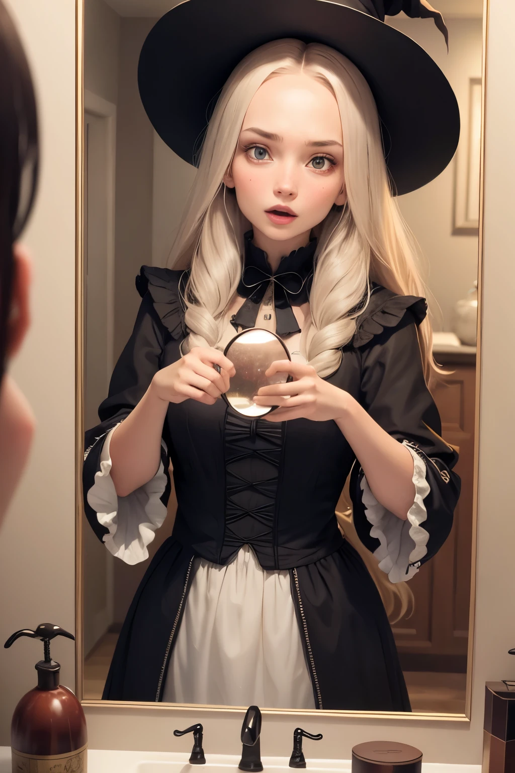 Young woman witch looking at the mirror with a surprise face