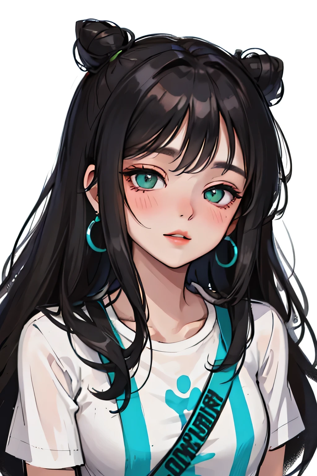 Amazing portrait of a sexy and woman with a beautiful face with seductive eyes gazing intensely at me with her soft lips parted in anticipation of a kiss which is making her blush intensely her lips are also curved in a soft smile she has her luscious black hair in a cute bun wearing a black and white striped t shirt and a dark green skirt paired with some elegant earrings her t shirt showing her medium chest and perfect body off