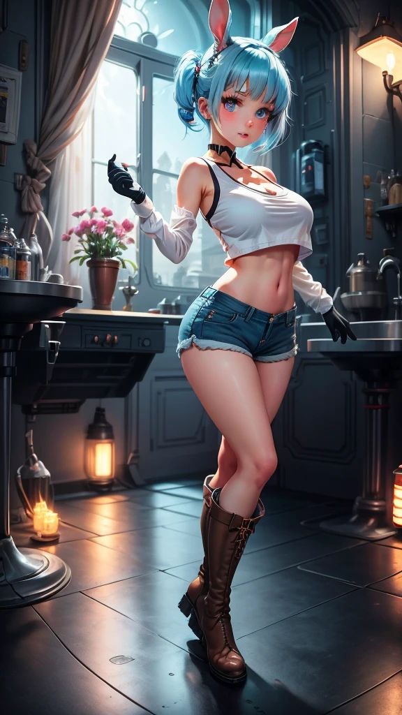 light_blue_hair,1_girl,red_eyes,cute_face,good_anatomy,best_quality,beautiful,rabit_ear,rabit_tail,tanktop,short_hotpants,Navel_exposed,brown_boots,perfect_quality,beautiful,flower garden,beautiful,best quality,hrs,