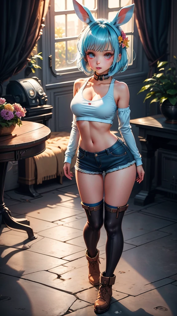 light_blue_hair,1_girl,red_eyes,cute_face,good_anatomy,best_quality,beautiful,rabit_ear,rabit_tail,tanktop,short_hotpants,Navel_exposed,brown_boots,perfect_quality,beautiful,flower garden,beautiful,best quality,hrs,