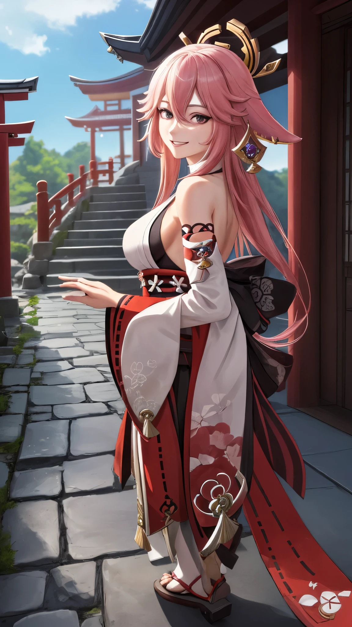 yaemikodef, The upper part of the body, smile, Be red in the face, exteriors, In the daytime, simple backgound, blue-sky, short detailed hair, Skysky, temple, looking at viewert, stairways, mont, moody light, face to the viewer, ultraclear