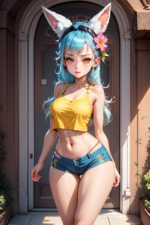 light_blue_hair,1_girl,red_eyes,cute_face,good_anatomy,best_quality,beautiful,rabit_ear,rabit_tail,tanktop,short_hotpants,Navel_exposed,brown_boots,perfect_quality,beautiful,flower garden,beautiful,best quality,hrs,