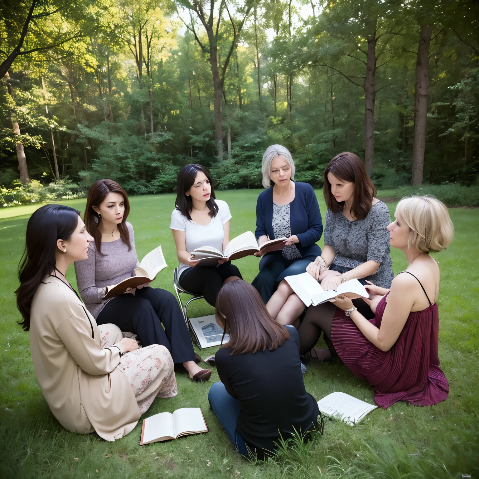 (group of women middle age gather in circle to read and talk), (best quality), (masterpiece), (detailed), (HD 4k)
