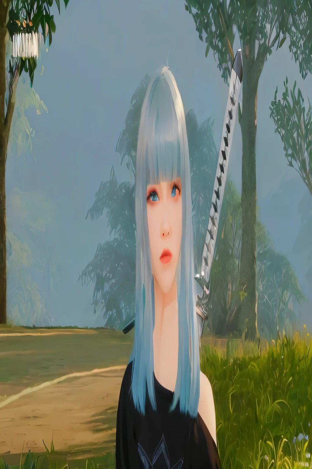 Beautiful there is a woman with blue hair holding a knife in a field, 