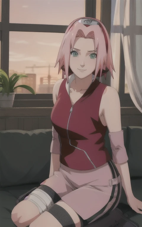 NARUTO_Sakura_Combat_ownwaifu,
1girl, nude, nsfw, haruno sakura, small breast, short hair, pink hair, green eyes, hair intakes, collarbone, forehead protector, headband, red hairband, konohagakure symbol, bike shorts, black shorts, leg wrap, bandaged leg, elbow pads, zipper, zipper pull tab,
((masterpiece)),((best quality)),(highres, absurdres), original, official_art, chromatic_aberration, bokeh, depth_of_field, window, wisteria, loaded_interior, skylight,  sunset, indoors, window_shade, window_blinds, curtains, potted_plant, focused, looking at viewer, solo, cowboy shot,