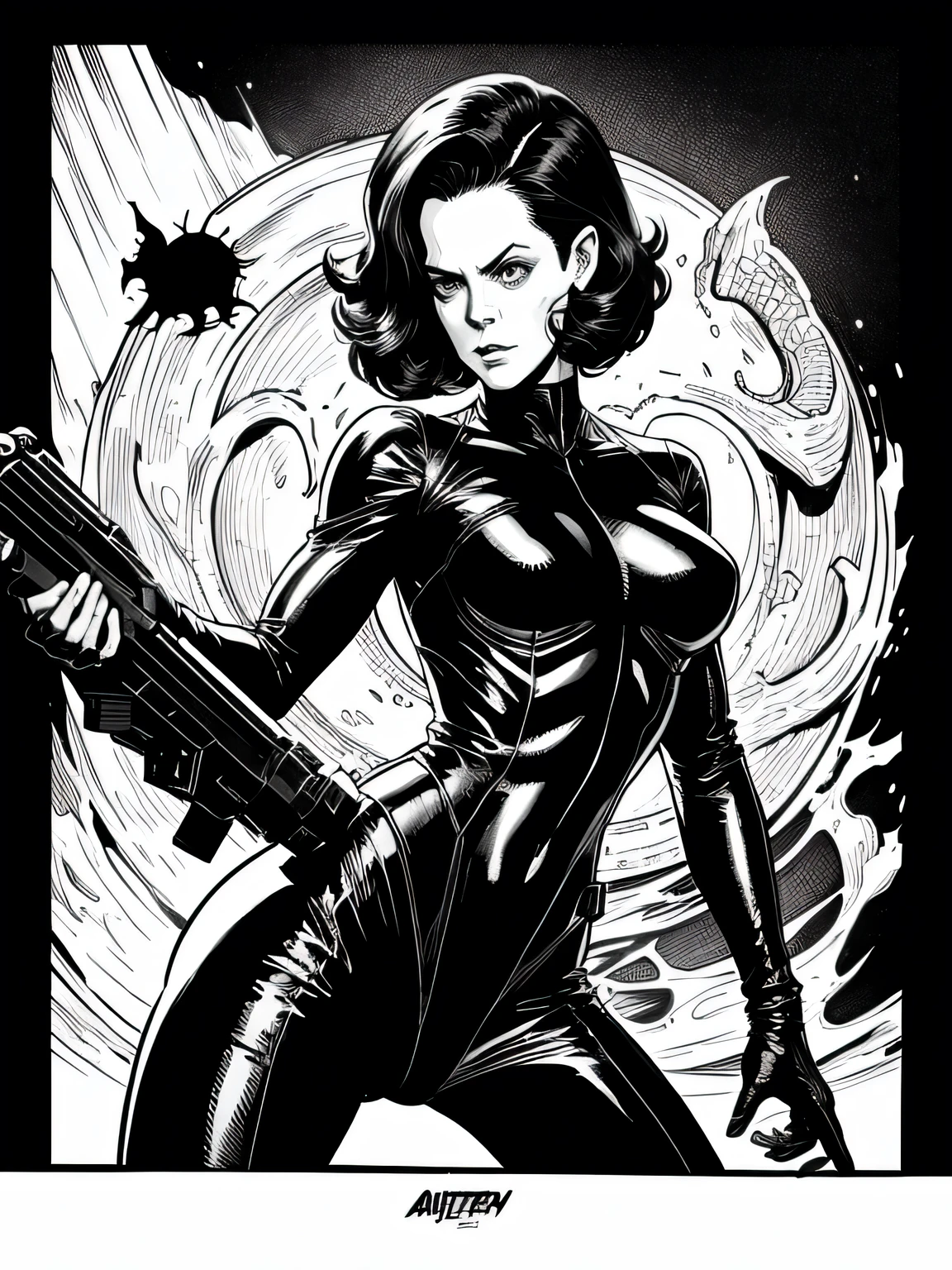monster alien on the planet Sigourney Weaver she using a huge gun to kill alien, Bela arte de linha, black and white comic style, manga style, sexy manga art style, pencil and ink caricature drawing, black and white coloring,arte vector preto e branco
