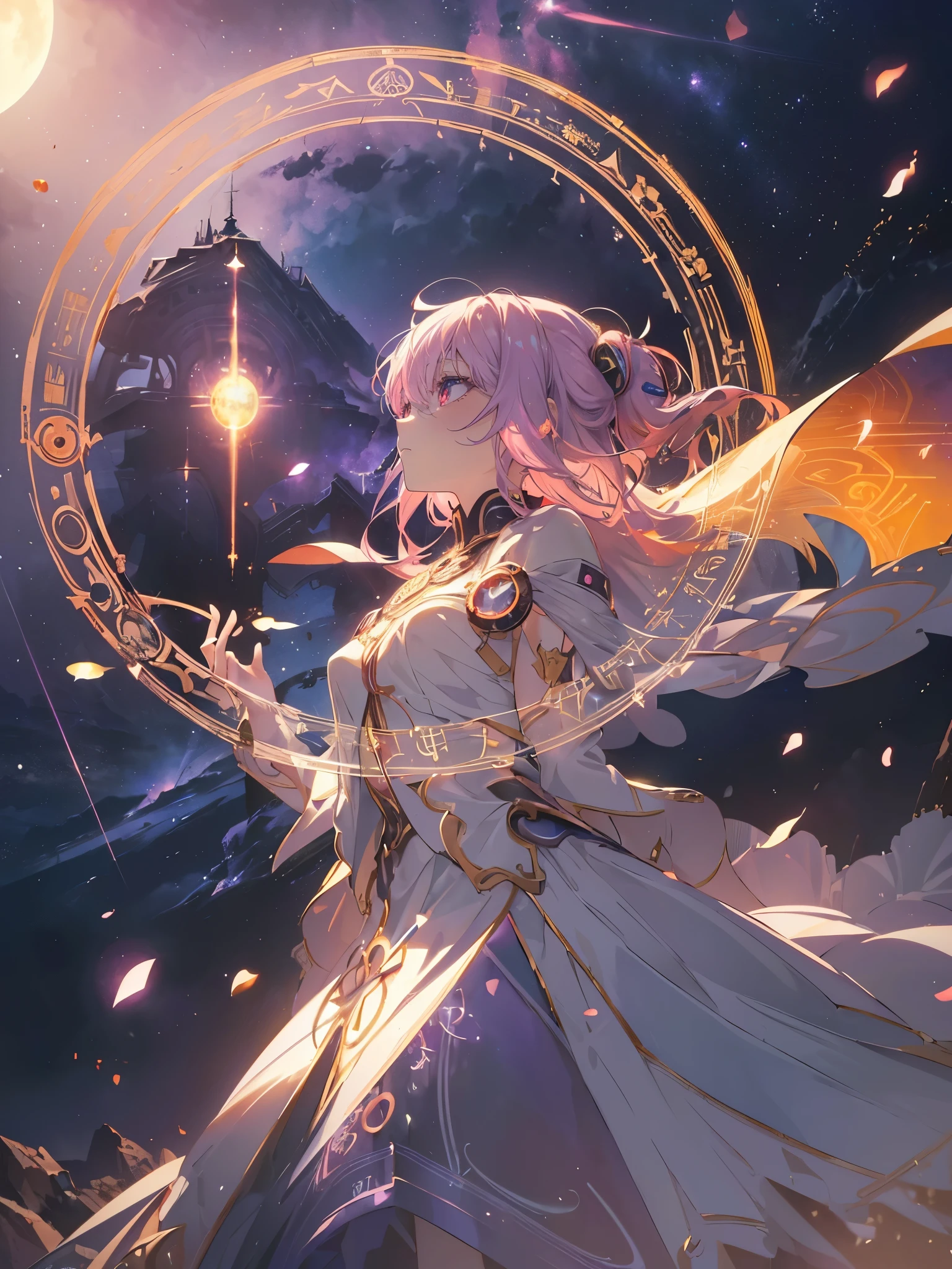 One Girl, Beautiful and detailed, Long purple hair, Pale red eyes, Princess Dress, Glowing Skin, solve, (Anime Style:1.6)High Contrast, ((masterpiece, highest quality))Vast landscape photography, (View of the sky and nature from below), Girl looking up, (full moon: 1.2), (shooting star: 0.9), (nebula: 1.3), Distant Mountain, Treebreak Production Art, (Warm light source: 1.2), (magic陣: 1.5), Purple and Orange, Intricate details, Volumetric lighting, Realism Break (masterpiece: 1.2) (highest quality), 4K, Very detailed, (moving composition: 1.4), Very detailedでカラフル, (Rainbow-colored: 1.2), (Bright lighting, Ambient Lighting), dream-like, magic, (alone: 1.5) Perfect Fingers