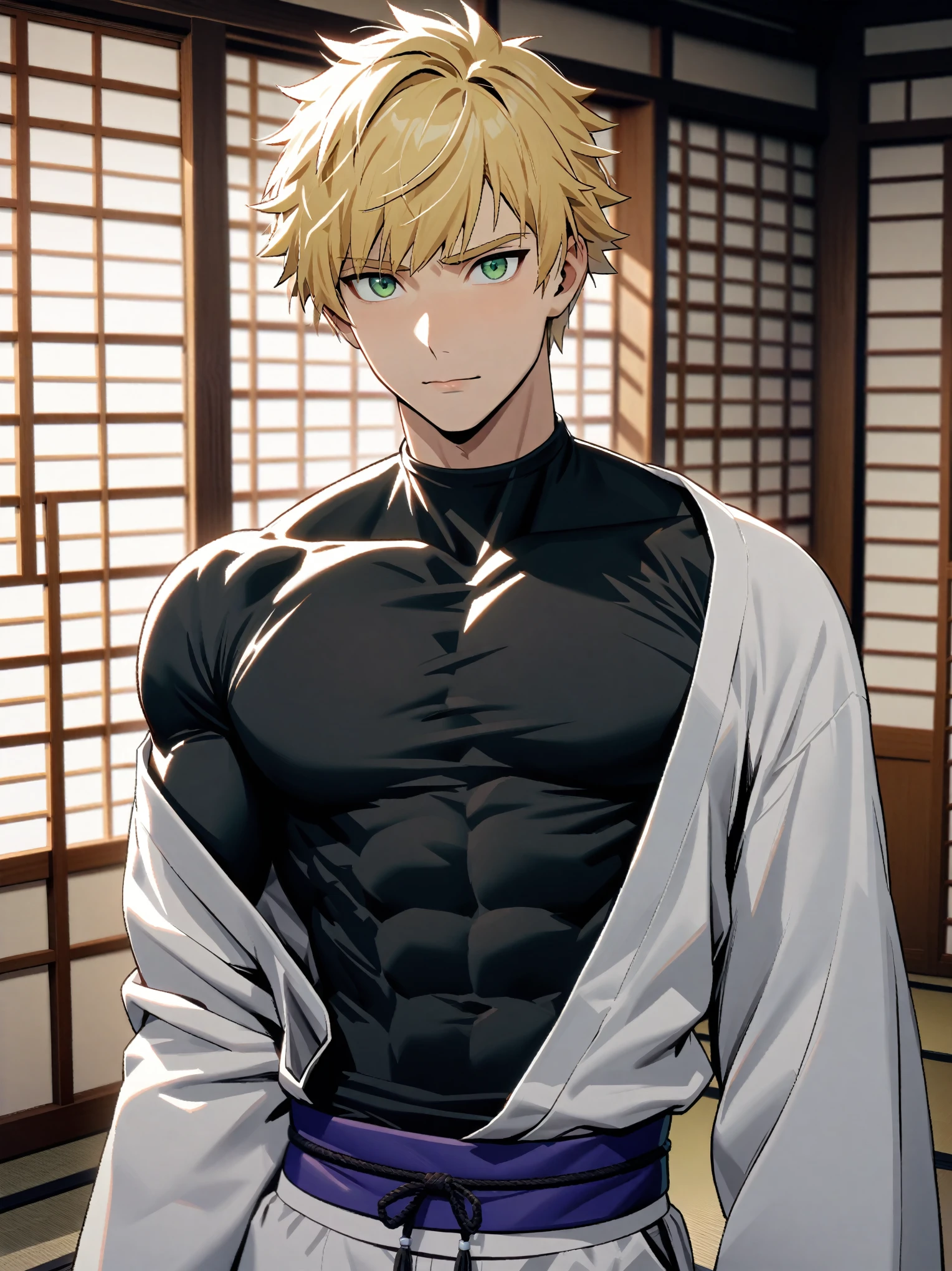 {{close-up}} {{Artist: Konpeto}} 1boy, solo, pretty male, blonde hair, short hair, wolf cut, green eyes, muscular male, 23 years old, lips, faint smile, looking at viewer, gojou satoru (cosplay), black compression shirt, white harem pants, indoors, japanese inn.