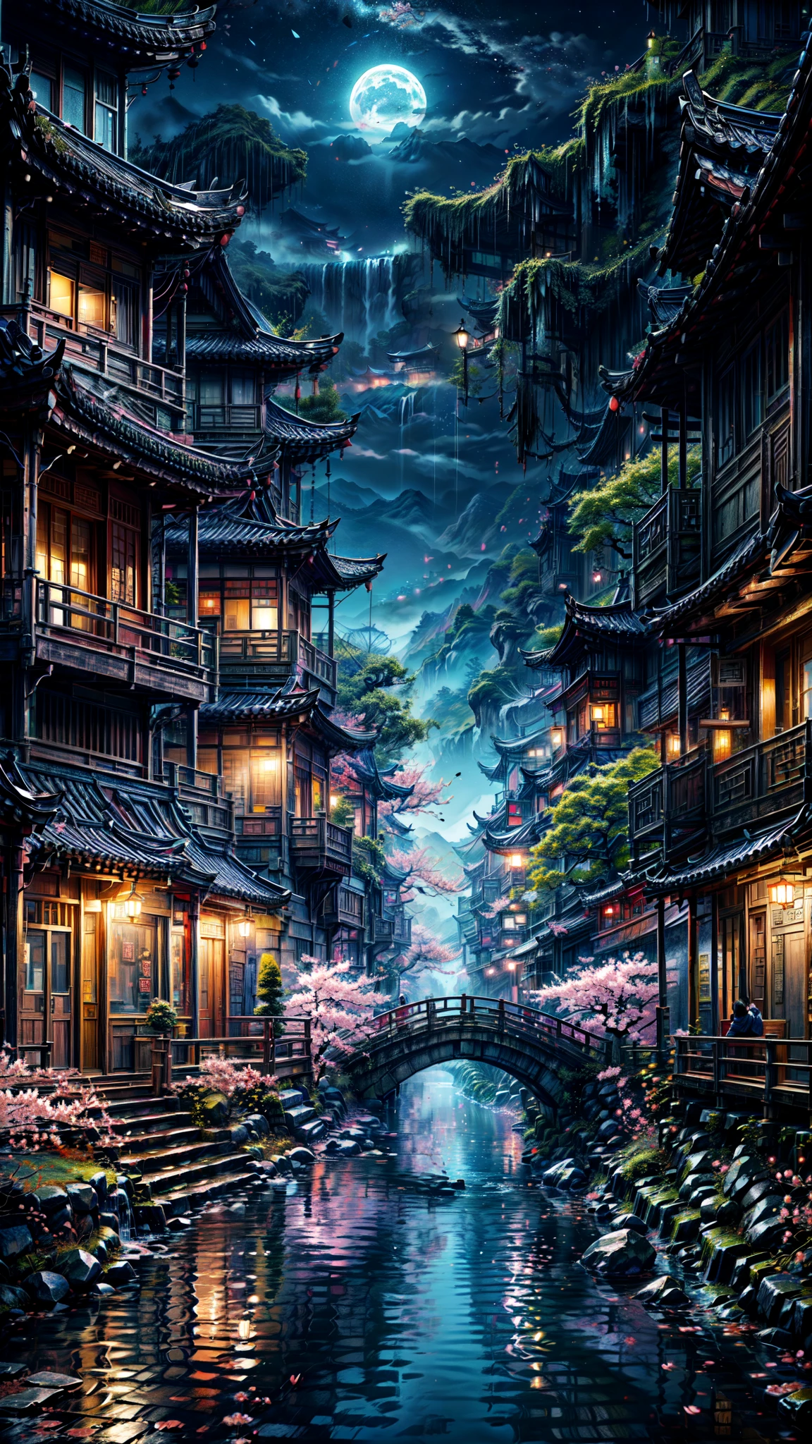 (masterpiece, best quality:1.2), (\sai bo gu feng\), landscape, no humans, tree, Sky, night, Star \(Sky\), Outdoor sports, architecture, night Sky, east asian architecture, reflection, Starry Sky, building, water, bridge, Cherry blossoms, railing, 