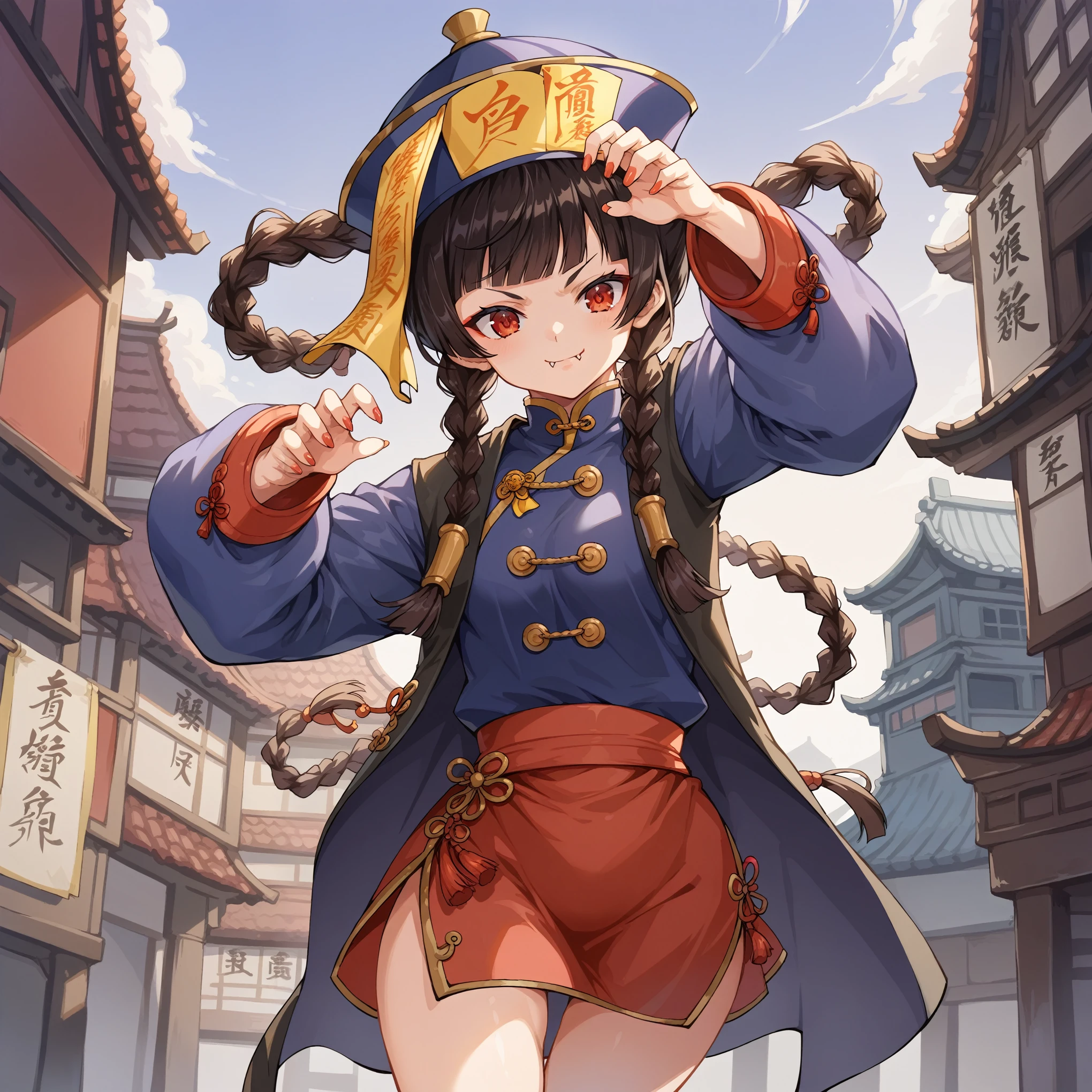 score_9, score_8_up, score_7_up, source_anime,masterpiece, best quality, high resolution, extremely detailed CG, absurdres, highres, 1girl, solo, jiangshi, twin braids, blunt bangs, red eyes, qingdai guanmao with a ofuda, Chinese clothes, claw, ((kung fu pose)), small fangs, cute, kawaii, better_hands, sunglass on head, China building in background