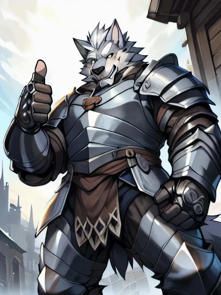 masterpiece, top quality, fantasy, medieval, from below, looking at viewer, anthro, alone, standing, fighting pose, full body, 1boy, male, old age, handsome, (open eyes:1.3), fang, gray body, wolf ears, wolf boy, facial hair, thick eyebrows, white hair, (heavy armor:1.4), full plate armor, armor, black gloves, thumbs up, sanpaku, (by null-ghost, by DRKS)